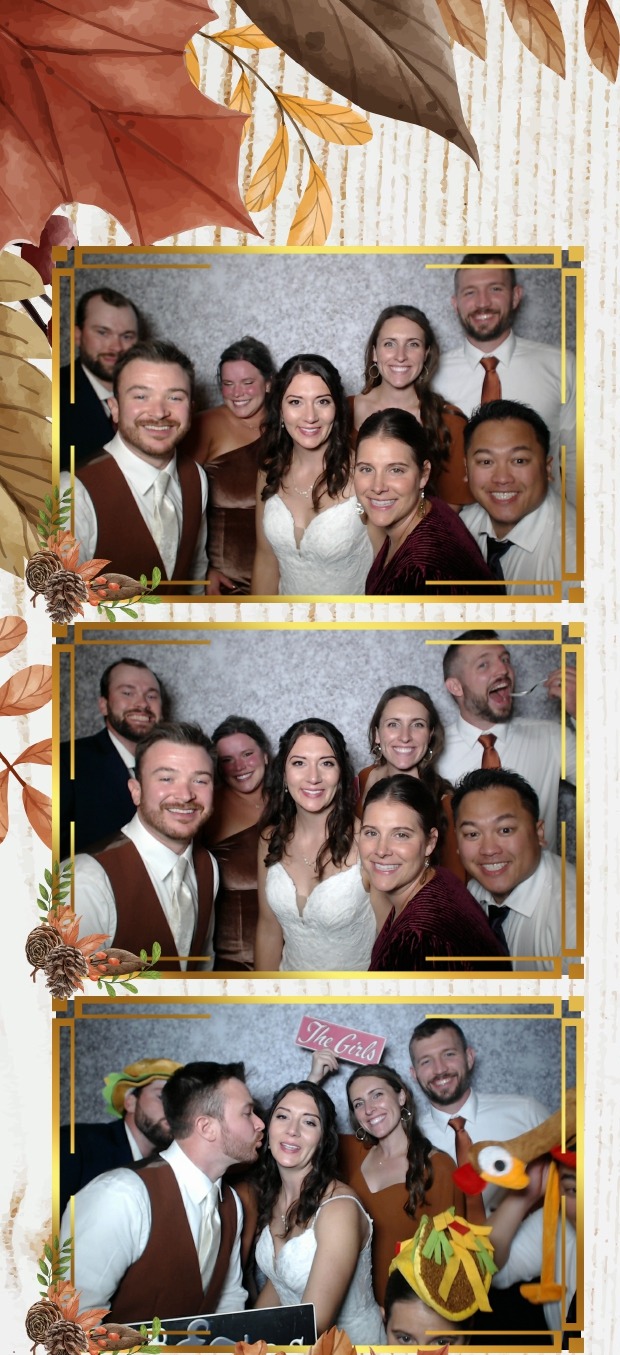 Wedding guests smiling and posing with playful props in an Absolute Music photo booth strip