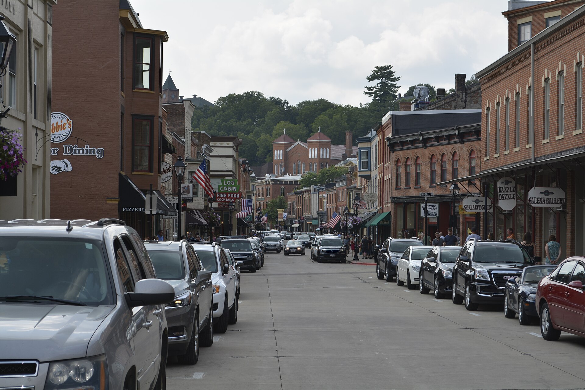 Historic brick storefronts along Main Street in Galena, Illinois