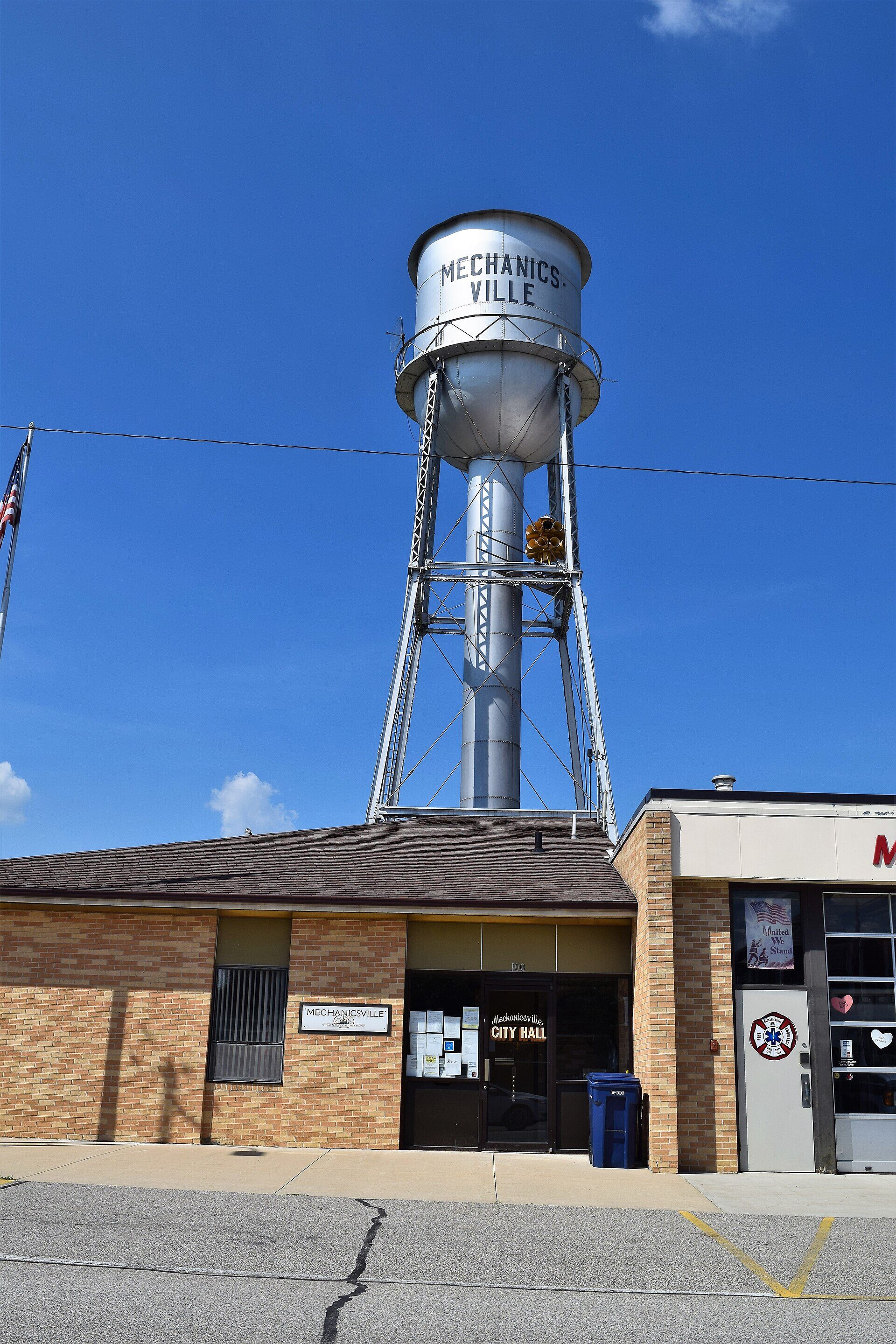 City hall and water tower, Mechanicsville, IA