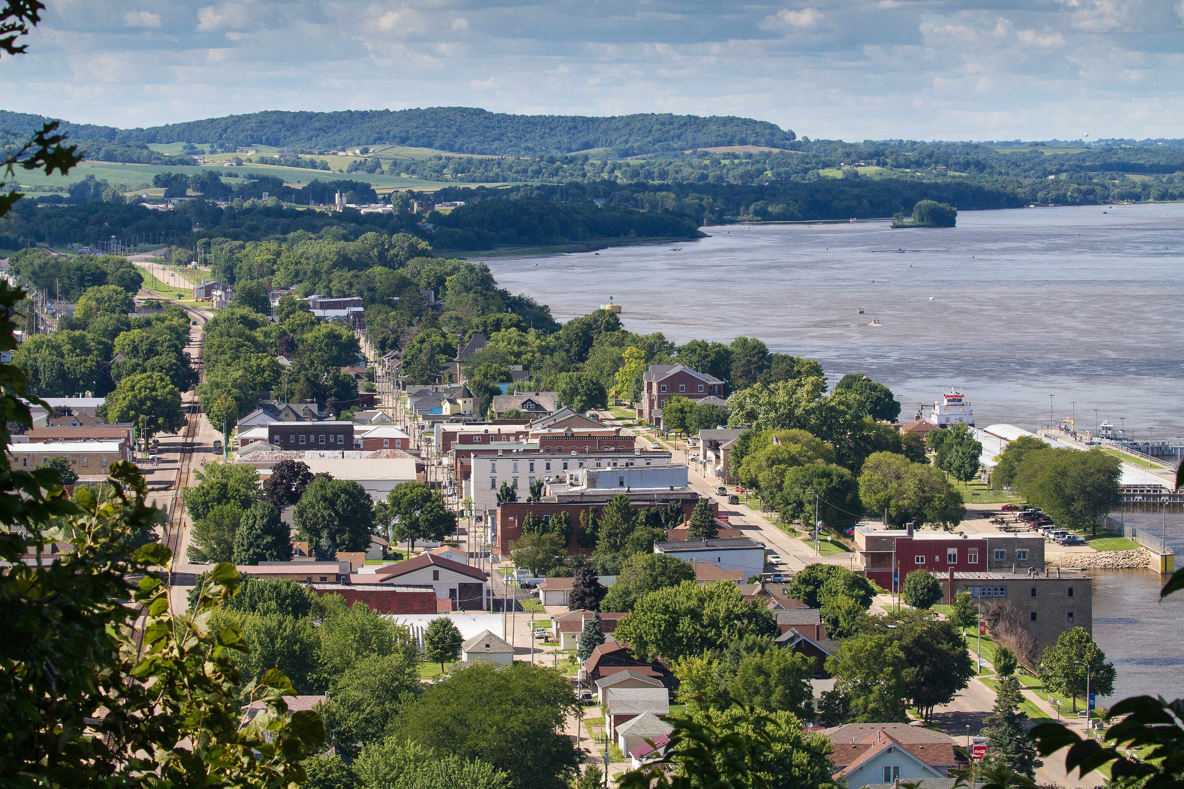 Aerial view of Bellevue, Iowa along the Mississippi River with Lock and Dam No. 12