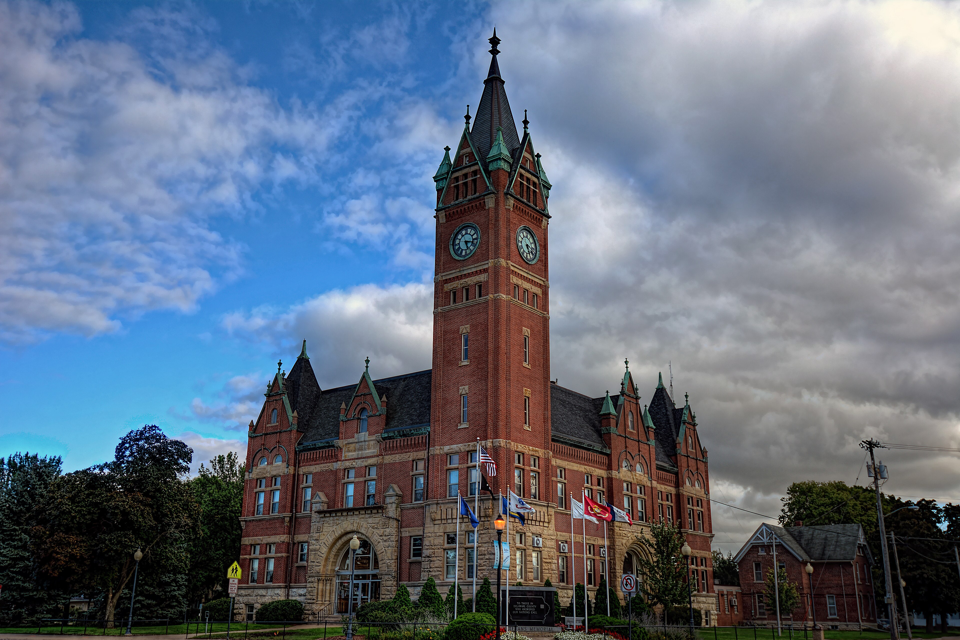 Delaware County Courthouse clock tower in Manchester, Iowa