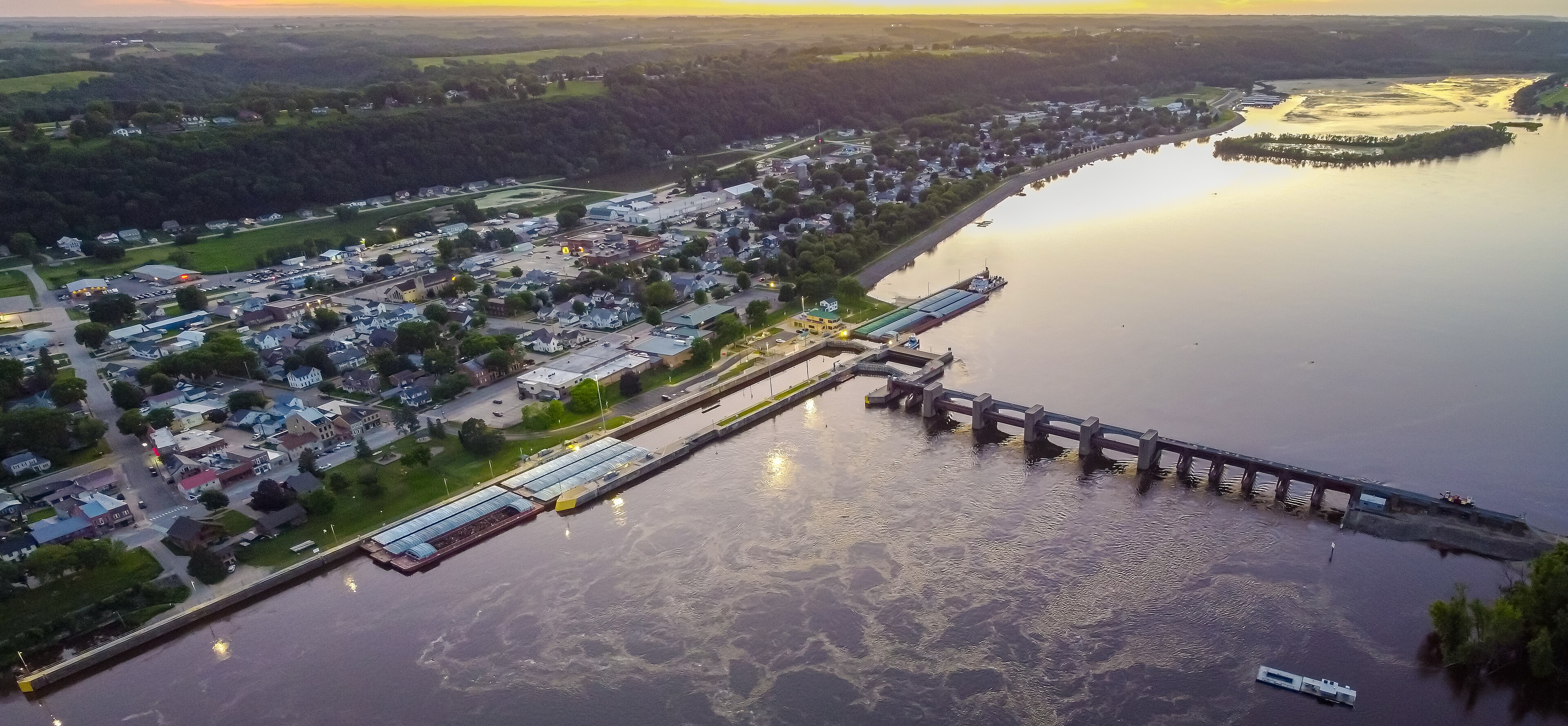 Aerial view of Lock and Dam No. 10 and Guttenberg, Iowa on the Mississippi River