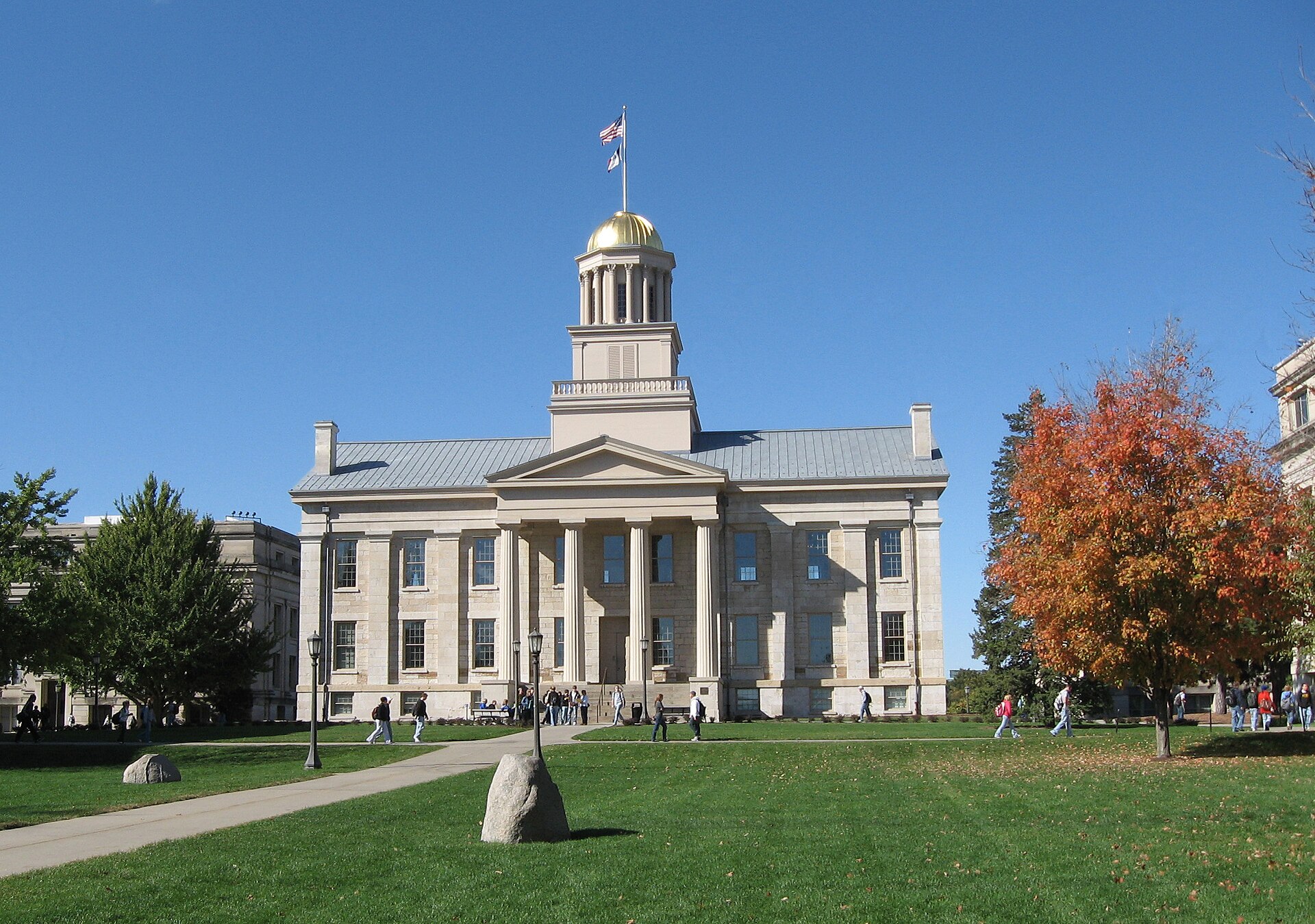 The Old Capitol Building in Iowa City on a sunny fall day