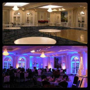 Wedding reception hall before and after uplighting