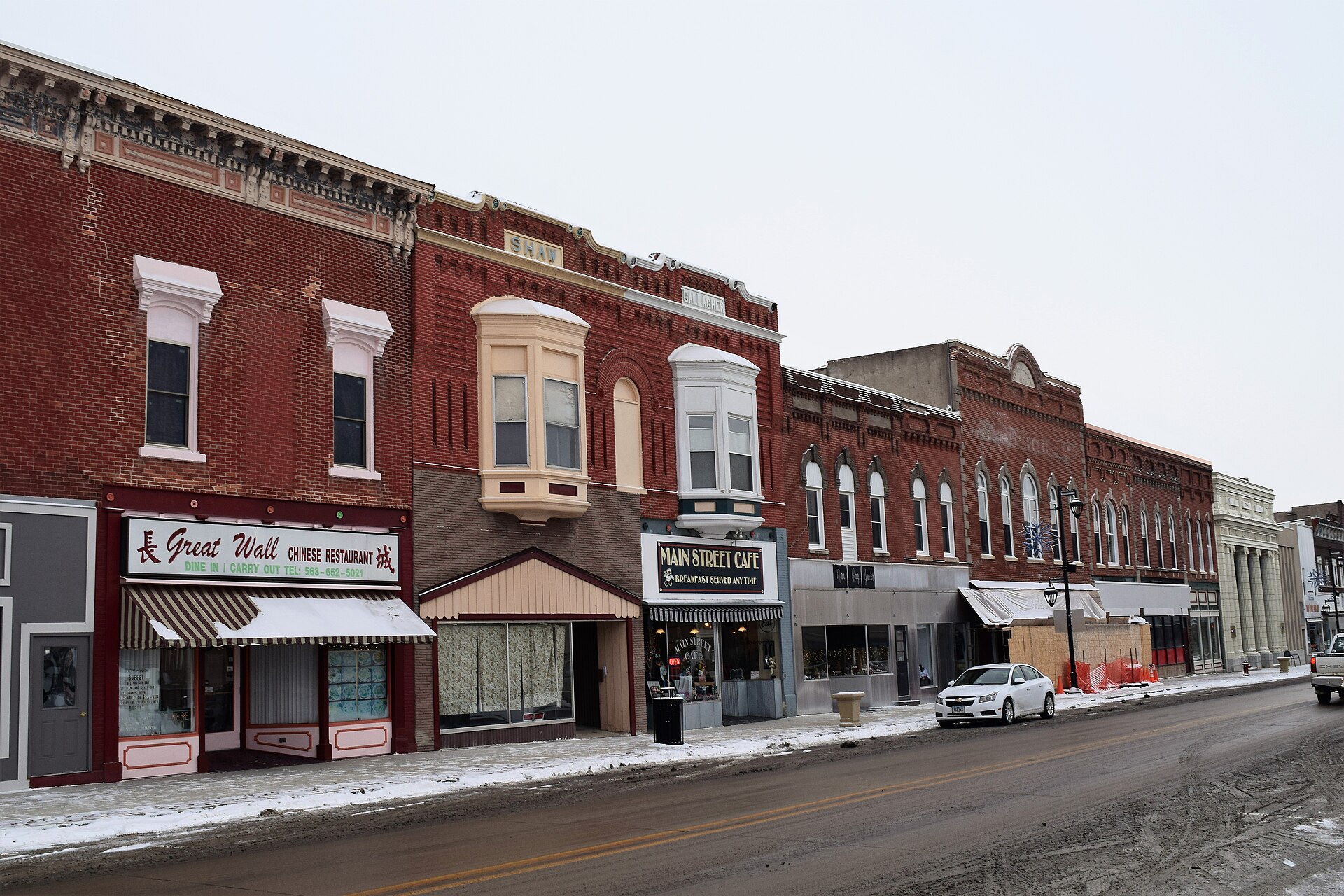 Historic brick storefronts on Main Street in Maquoketa, Iowa