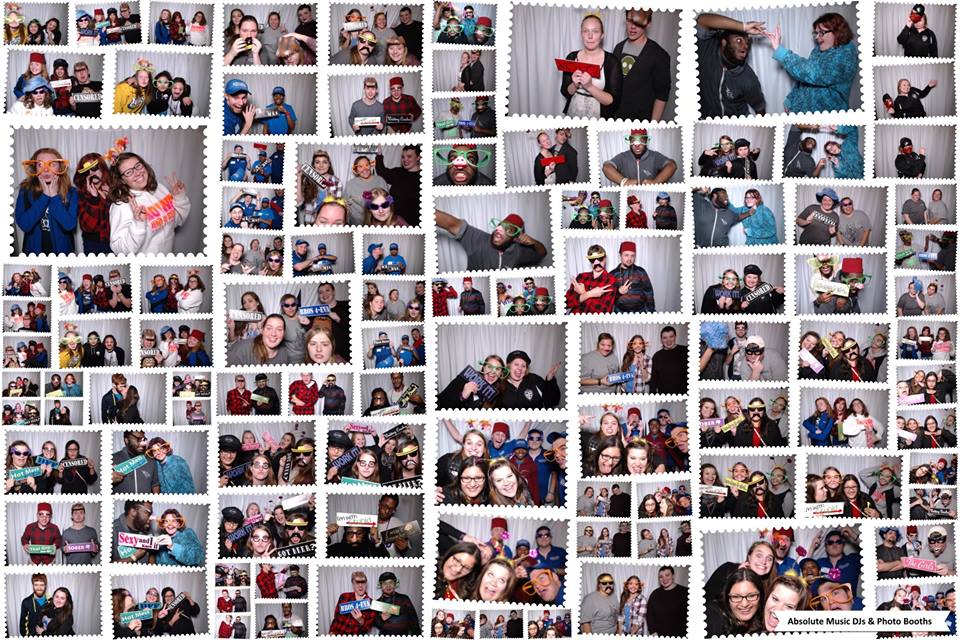 Collage of Absolute Music photo booth guests posing with colorful props
