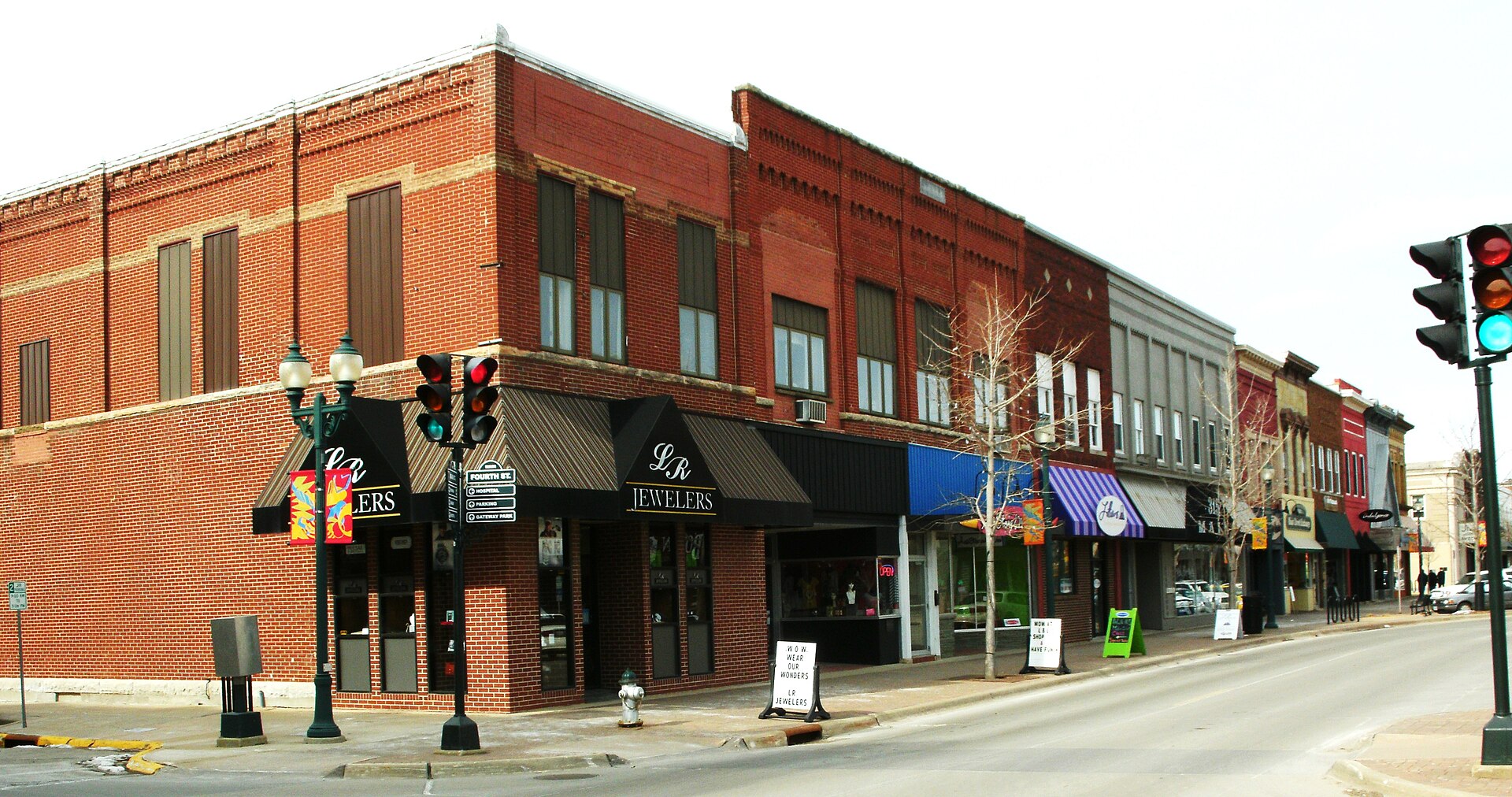 Brick storefronts on Main Street in downtown Cedar Falls, Iowa